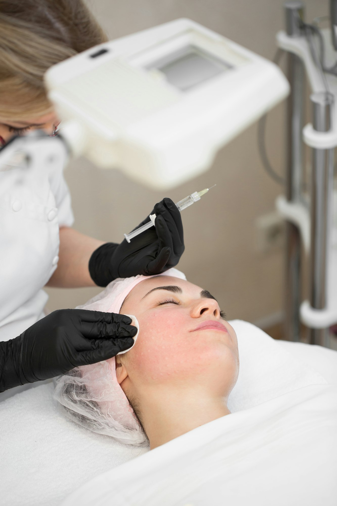 Closeup of cosmetologist doctor making anti-aging injections of a young girl.